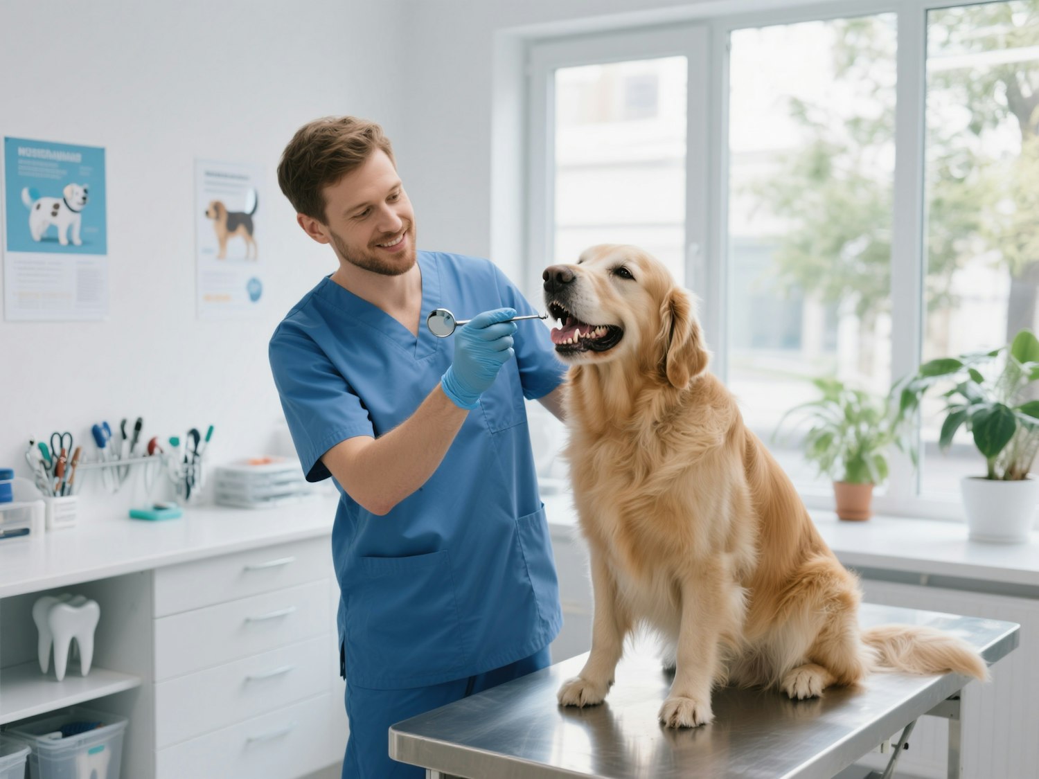 A veterinarian in blue scrubs checking a golden retriever on an examination table